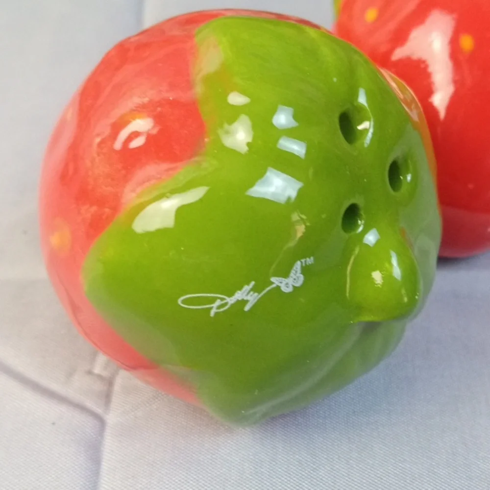 Ceramic Red Strawberry Salt and Pepper Shaker Set with Green Tops